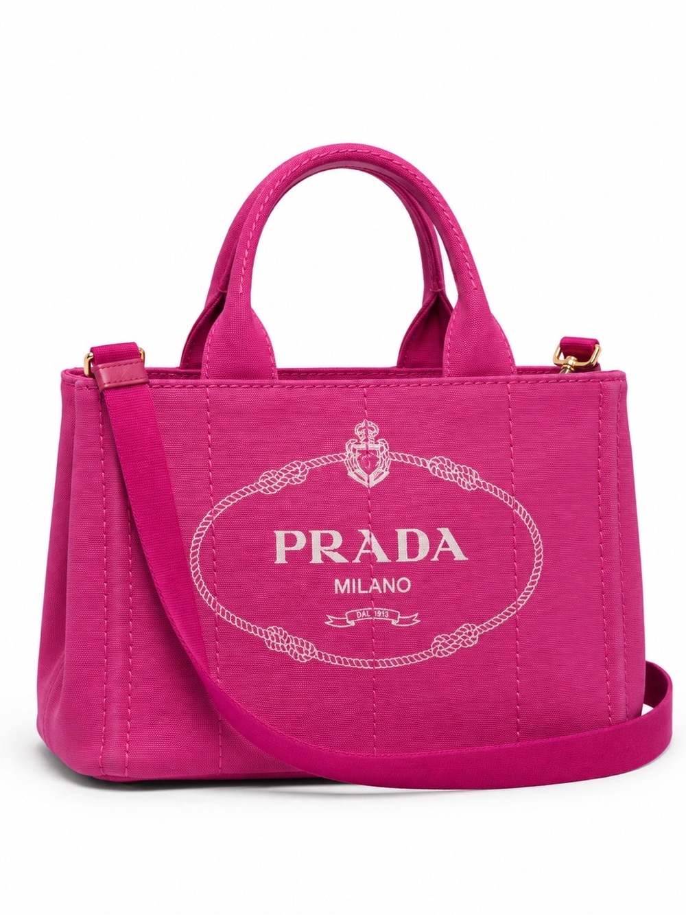 Prada Mini Canapa Canvas Tote Bag Fuchsia Pink Crossbody FULL SET